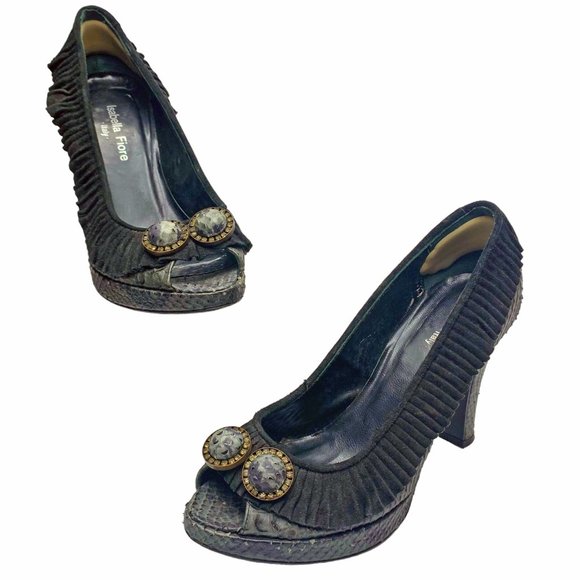 ISABELLA FIORE Gray Python Embossed Leather Peep Toe Heels - Picture 11 of 11